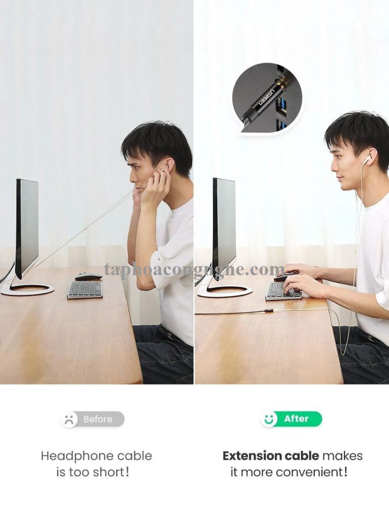 Ugreen 60845 0.5M màu đen 3.5mm 3 ngấn nối dài Cáp âm thanh dây bện nylon 50cm hỗ trợ micro AV118 30060845